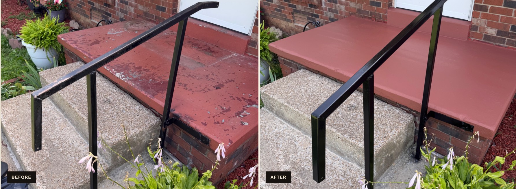 Front porch before and after painting and railing refresh